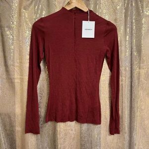 Venroy Raw Cut Long Sleeve Top XS Red Mahogany Mock Neck Wool Blend NWT